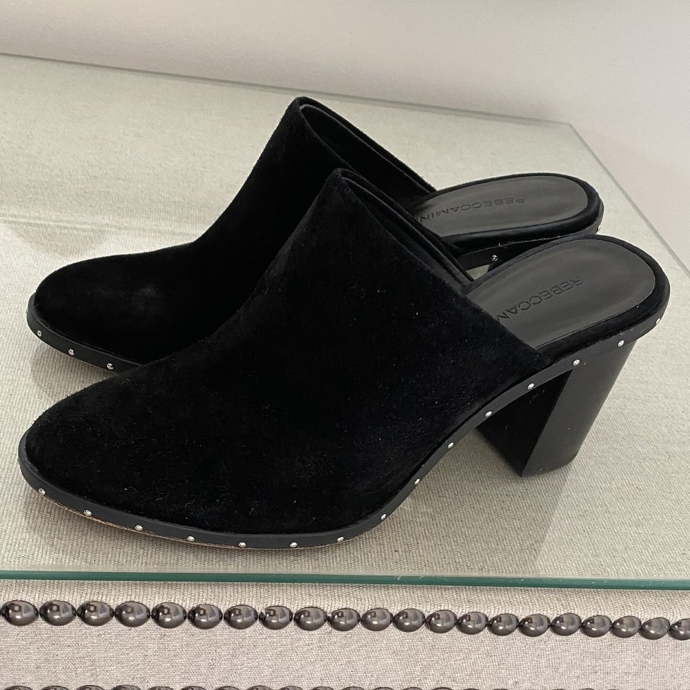 REBECCA MINKOFF BLACK SUEDE MULE HEEL BOOTS